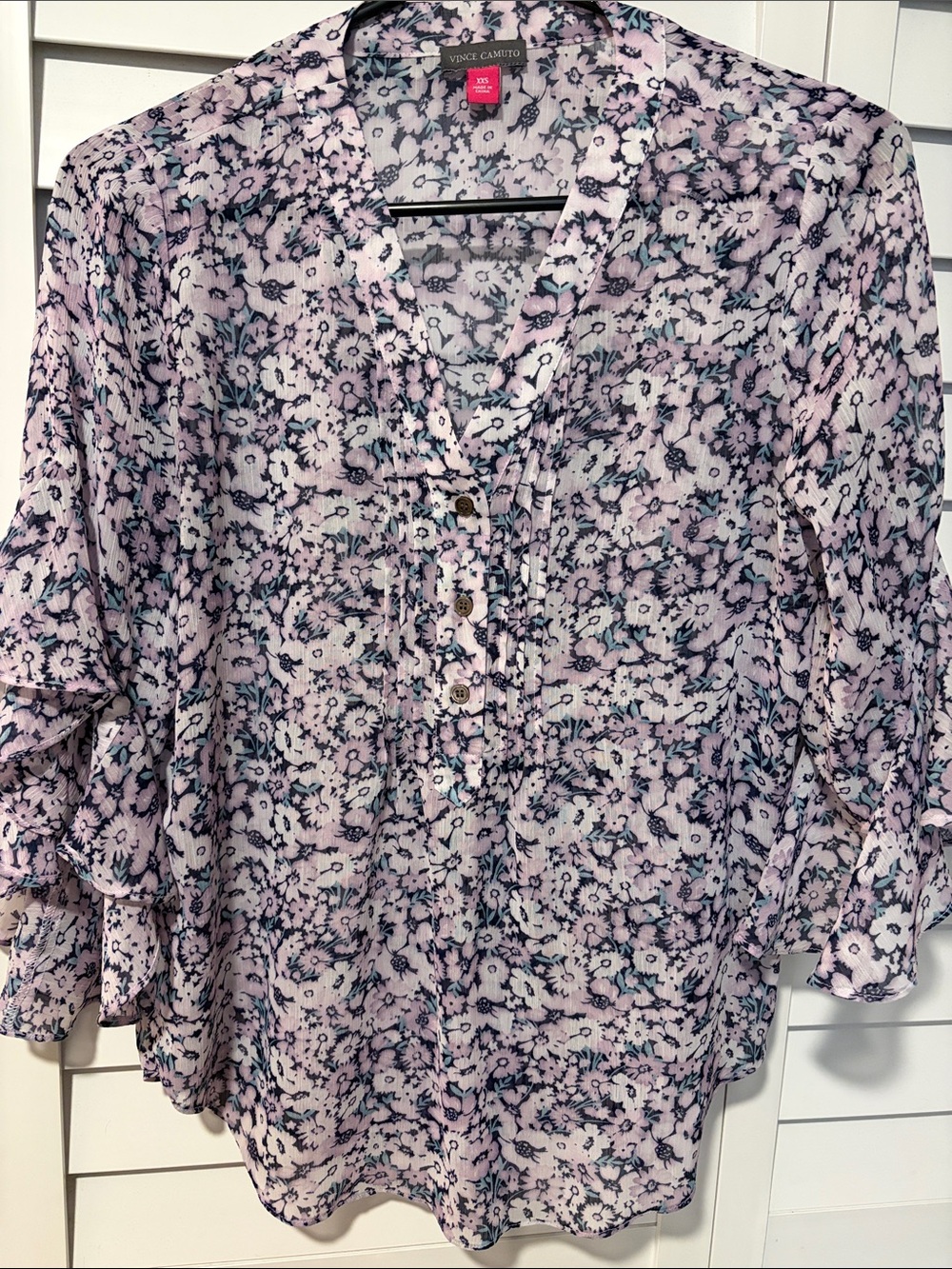 Vince Camuto Lilac Floral Pintuck Button-Front Blouse